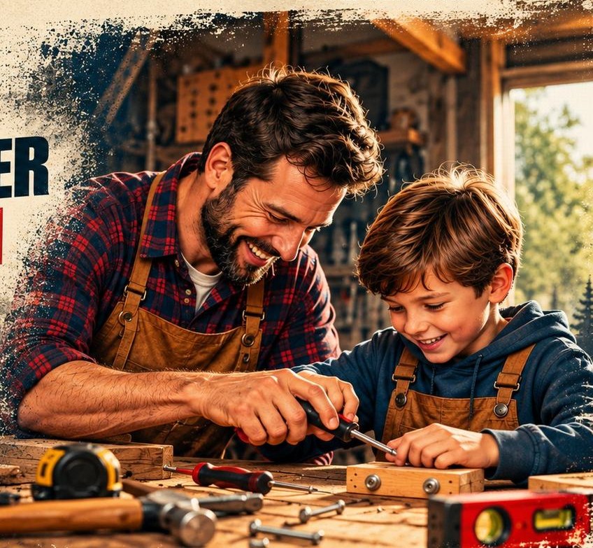 Father and son working together in a home workshop